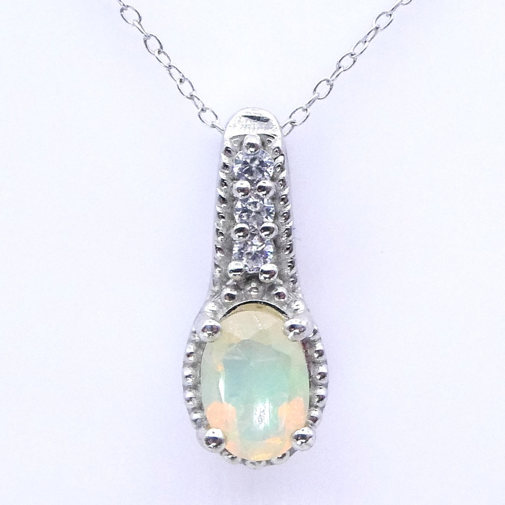 Djoy Platinum Sterling Silver Opal Halo Zircon 1.6 ctw Ethiopian 18" Necklace